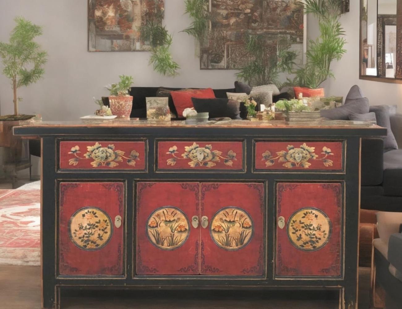 Vintage Sideboard Rot Schwarz Beige Kommode chinesisch Kolonial-Stil Antik-Stil Lowboard Schrank asiatisch orientalisch Fernost shabby-chic Landhaus Bild 1