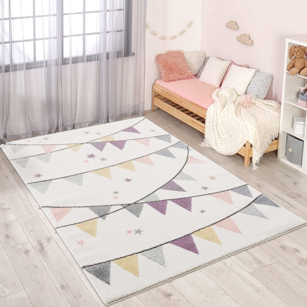 Kinderteppich Kinderzimmer Creme Lila - 80x150 cm - Wimpel-Motiv - Kinderzimmerteppiche Mädchen - Babyzimmer-Teppich - Spielteppich Bild 1