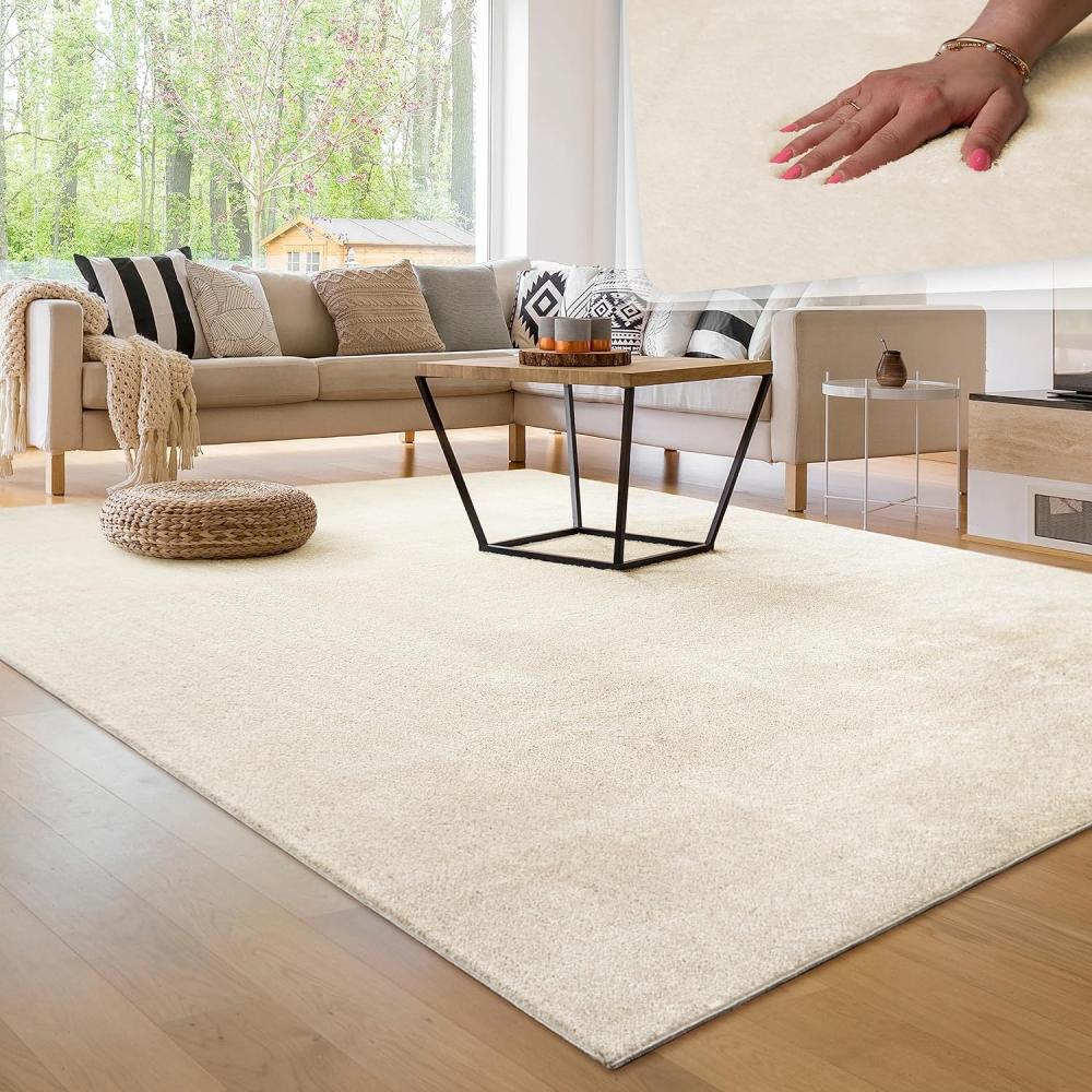 Paco Home Waschbarer Teppich Wohnzimmer Schlafzimmer Kurzflor rutschfest Flauschig Weich Moderne Einfarbige Muster, Grösse:120x170 cm, Farbe:Creme Bild 1