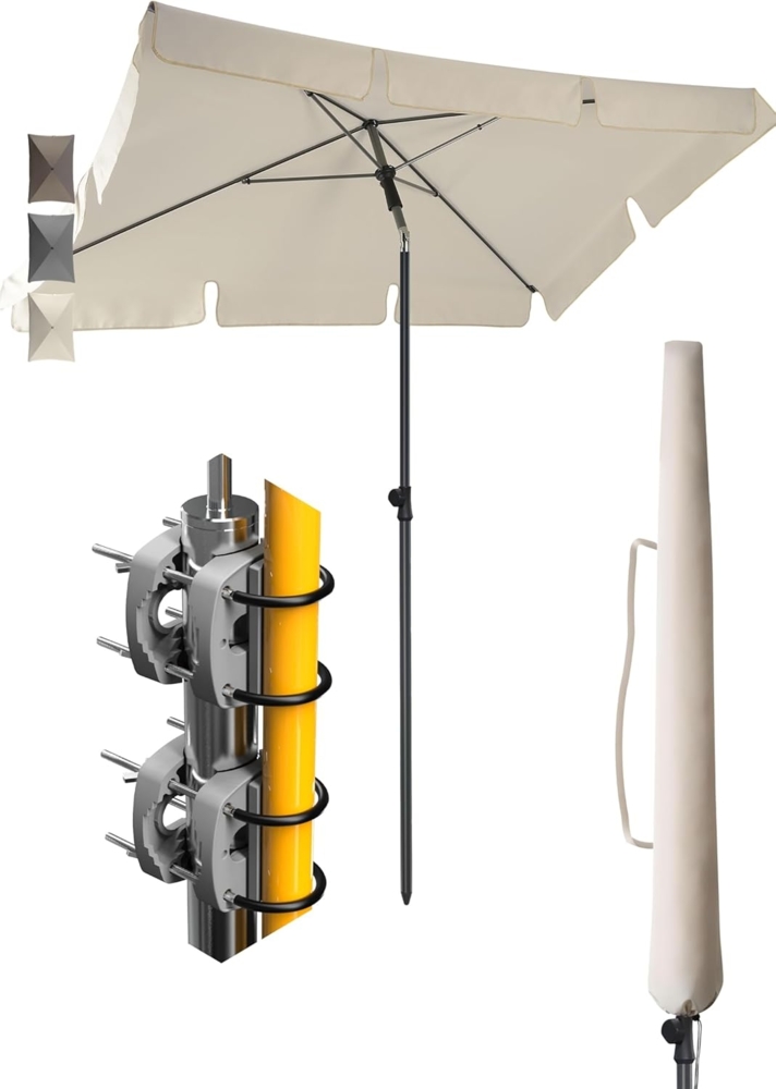 Menz Sonnenschirm Balkon - 4-IN-1 Sonnenschutz Balkon SET in Beige, UPF 50+ Sonnenschirm rechteckig 200x125 cm + 2 Stück Sonnenschirmhalter Balkongeländer + Sonnenschirmhülle, extrem stabil Bild 1