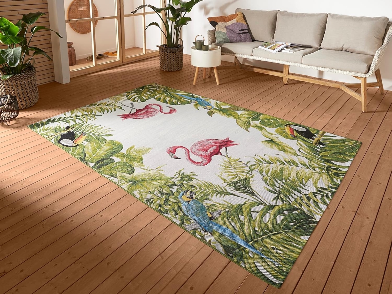 Hanse Home Tropical Birds In- & Outdoor Teppich – Flachgewebe Aussenteppich, Flamingo Jungel Palmen Design, ÖKO-TEX Wetterfest & UV-beständig für Balkon, Terrasse, Garten, Wohnzimmer - Bunt, 160x235cm Bild 1