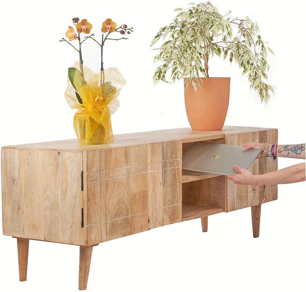 Schrank Kommode, 2 Türen, 2 Ablagen, Mango Holz, MDF, natur, weiße Holzfüsse Bild 1