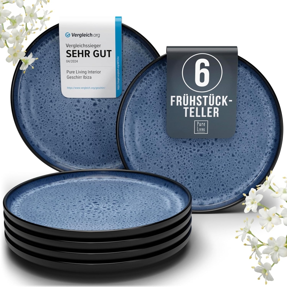 Steingut Frühstücksteller 6 Pers. Ibiza Hochwertiges Mediterranes TEST SEHR GUT Dessertteller Set - Kuchenteller spülmaschinen- und kratzfest - Kleine Teller, Salatteller Pure Living in Tiefblau Bild 1