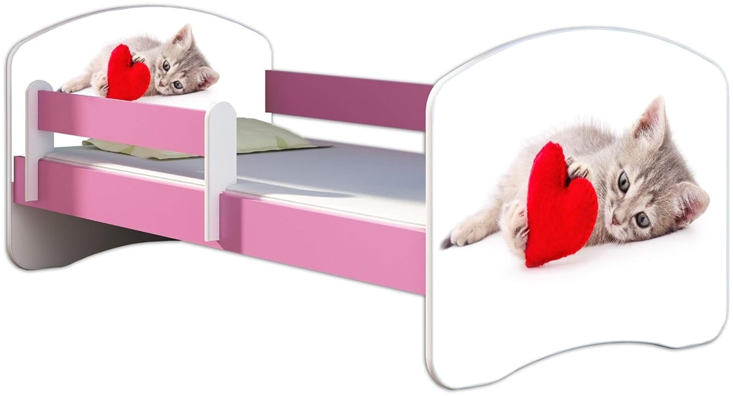 Kinderbett Jugendbett mit einer Schublade und Matratze Rausfallschutz Rosa 70x140 80x160 80x180 ACMA II (40 Katze mit Herz, 70x140 cm) Bild 1