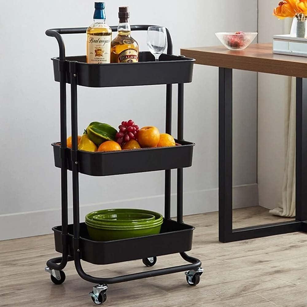 BAKAJI Kosmetikwagen, Trolley, Küche, aus Metall, 3 Ablagen und 4 Rollen um 360 Grad mit Bremse, platzsparend, für Haus, Küche, Maße: 32,5 x 75 x 25 cm, modernes Design (schwarz) Bild 1