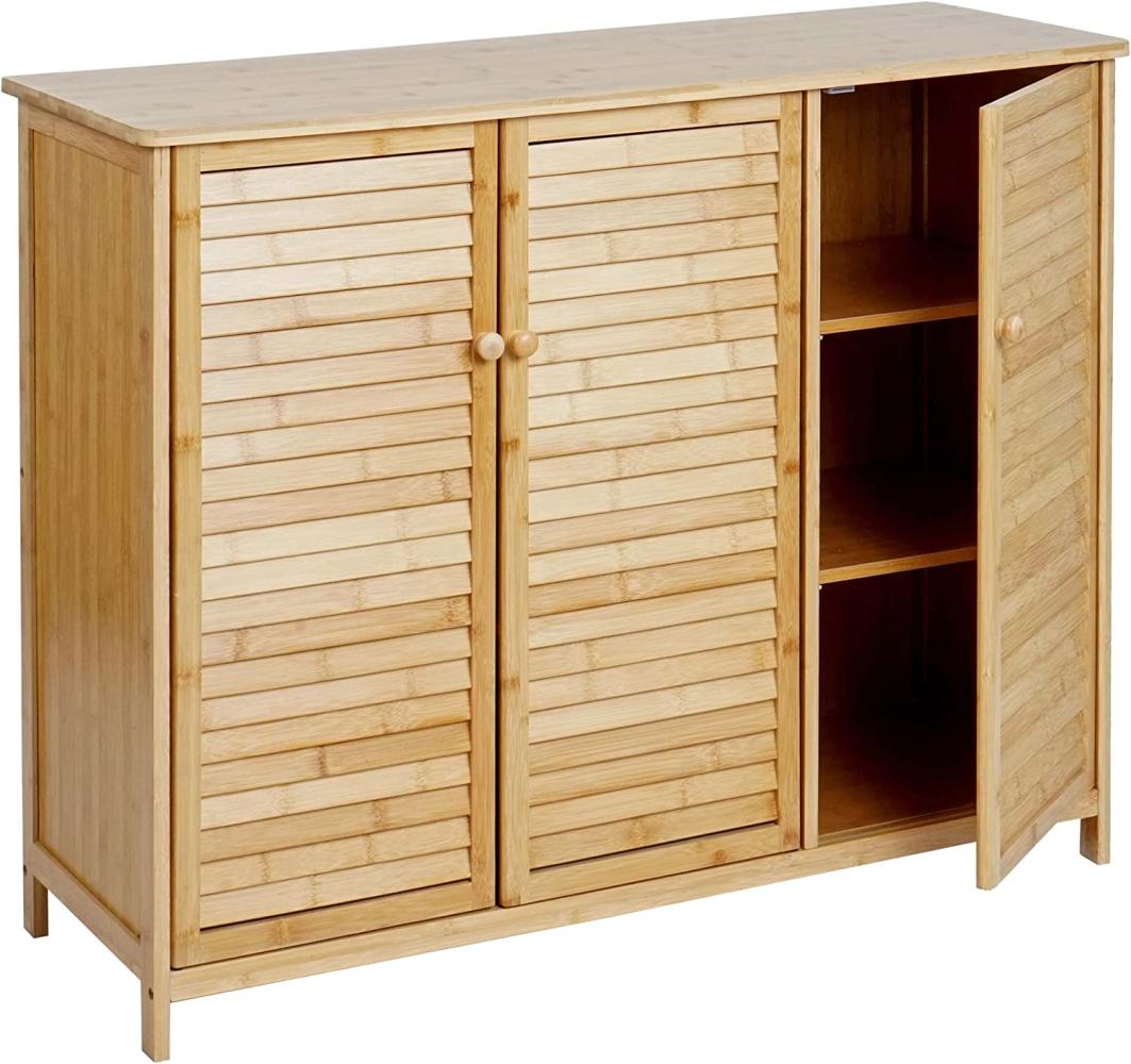 Badezimmerschrank HWC-B18, Badschrank Regal Badregal Kommode, 3 Türen Bambus 81x97x34cm Bild 1