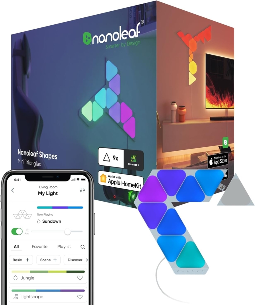 Nanoleaf Shapes Mini Triangle Starter Kit, 9 Smarten Dreieckigen Mini LED Panels RGBW - Modulare WLAN 16 Mio. Farben Wandleuchte Innen, Musik & Bildschirm Sync, Funktioniert mit Alexa, Deko & Gaming Bild 1