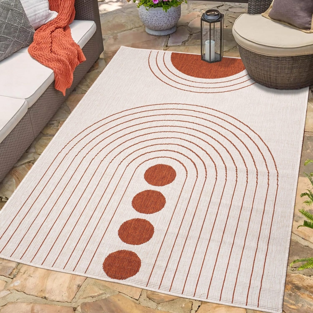 carpet city In- & Outdoor-Teppich Rot, Creme - Wendeteppich - 200x290 cm - Kreis-Muster - Wetterbeständig für Balkon, Terrasse - Teppiche Modern Indoor Wohnzimmer, Küche Bild 1