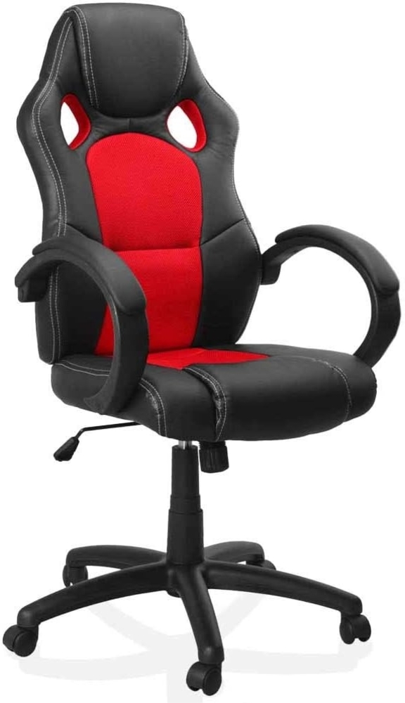 BAKAJI Sportlicher Bürostuhl, Drehstuhl, Bürostuhl, 4 Rollen, 360 ° drehbar, Modell Racer Gaming Extra Luxus Kunstleder Schwarz und Stoff (Rot) Bild 1