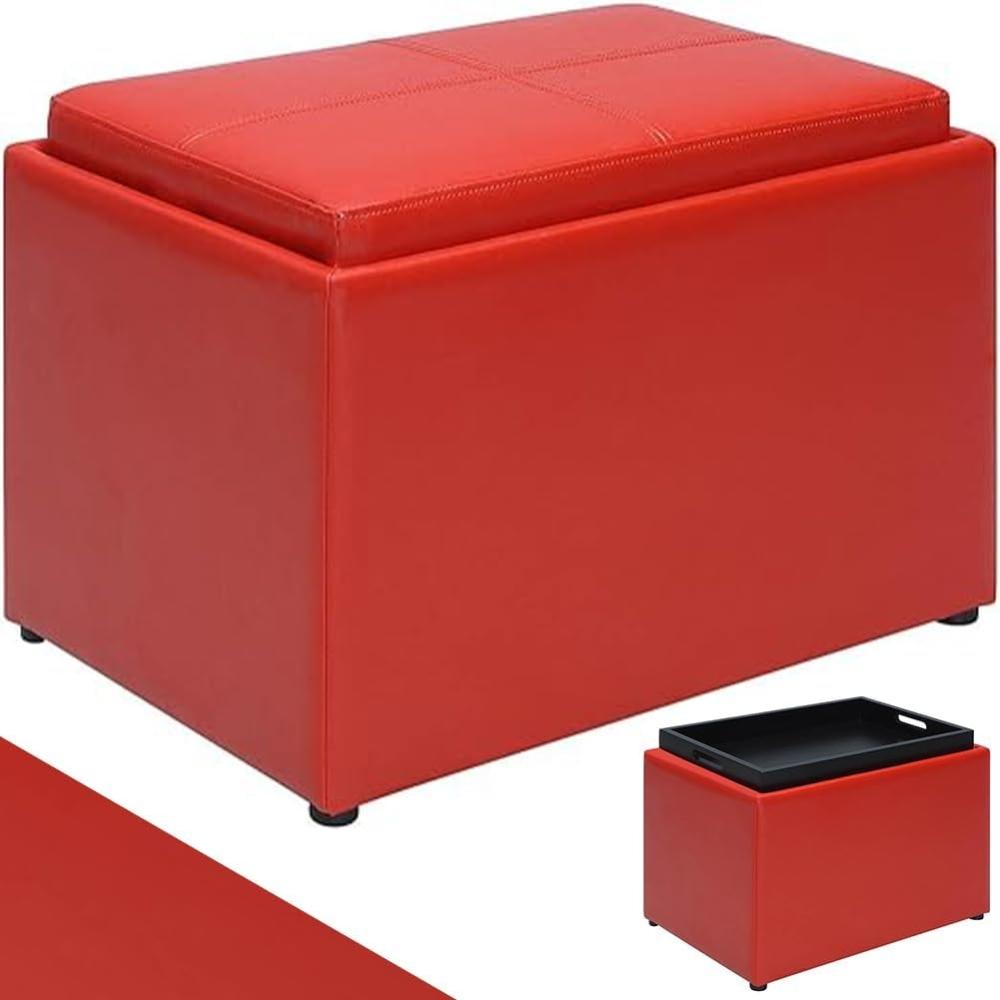 BAKAJI Sitzsack, Fußhocker mit Innenfach und Deckel, 2 in 1, Mehrzweck-Aufbewahrungsbox, gepolsterter Sitz, Hocker für Wohnzimmer, Kinderzimmer 58 x 40 x 40 cm (Rot Kunstleder) Bild 1