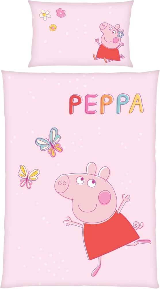 MTOnlinehandel Kinderbettwäsche Peppa Pig 100x135 + 40x60 cm, 100 % Baumwolle, 2 teilig, Babybettwäsche, Wende-Motiv mit Peppa Wutz, Schmetterling, rosa Bild 1