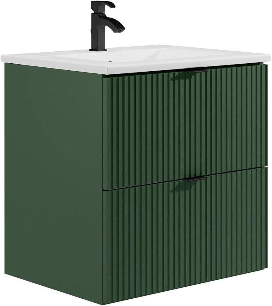 Vente-unique - Waschbeckenunterschrank hängend mit Einbauwaschbecken - Streifenoptik - Grün matt - 60 cm - ZEVINI Bild 1