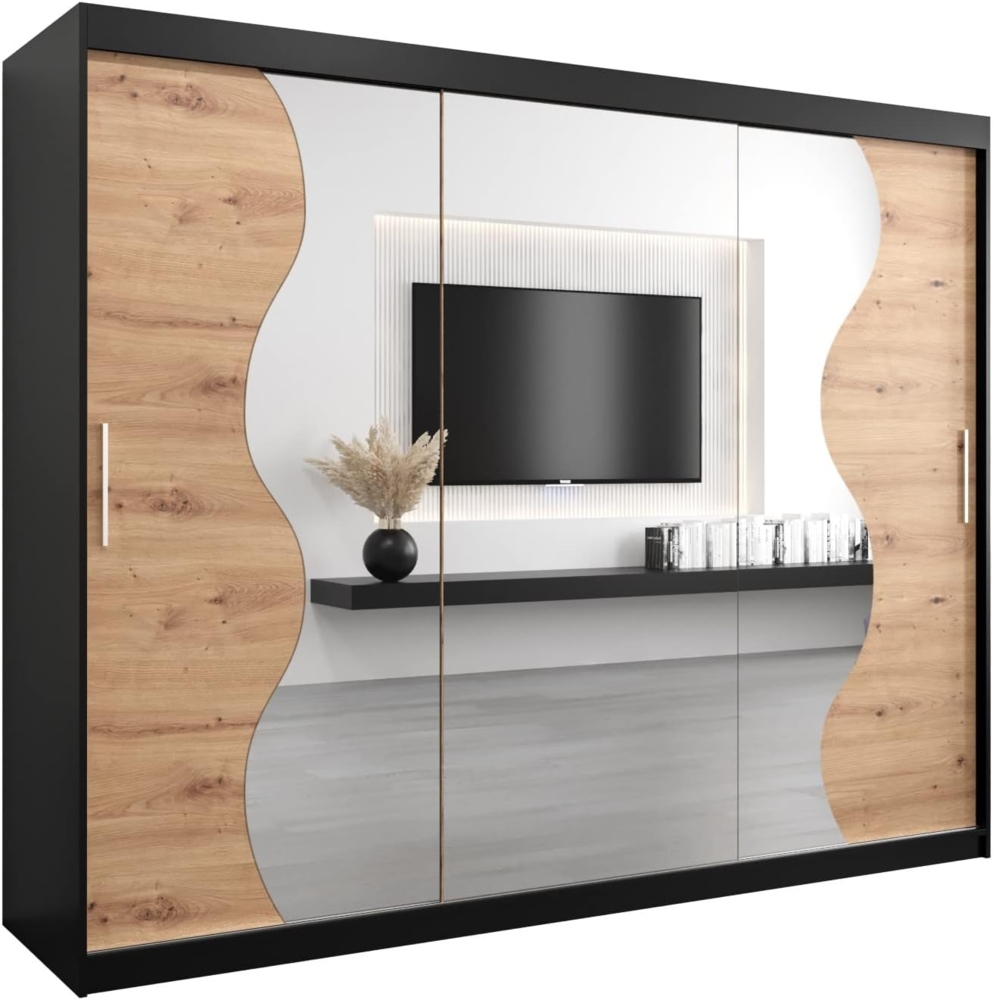 KRYSPOL Schwebetürenschrank Madryt 250 cm mit Spiegel Kleiderschrank mit Kleiderstange und Einlegeboden Schlafzimmer- Wohnzimmerschrank Schiebetüren Modern Design (Schwarz + Artisan Eiche) Bild 1