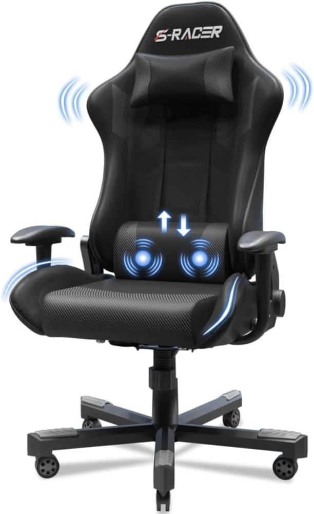 JUMMICO Massage Gaming Stuhl 150kg Belastbarkeit, Bürostuhl Ergonomisch mit Lendenwirbelstütze, Computerstühle Racing Bürostühle Gaming Sessel, Höhenverstellbar Liegestuhl Schreibtischstuhl, Schwarz Bild 1