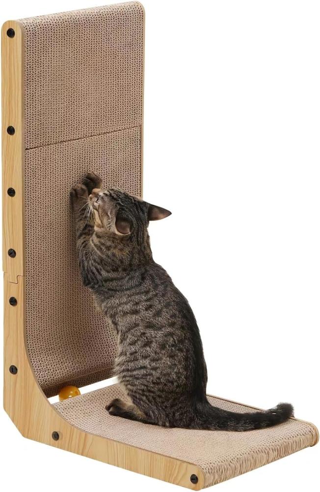 FUKUMARU Kratzbrett Katzen, 68 cm hohe L förmige Kratzpappe für Katzen, widerstandsfähig Katzenkratzbrett mit Ballspielzeug, Katzen Kratzmöbel aus hochwertiger Karton für Wand und Ecke, Groß Bild 1