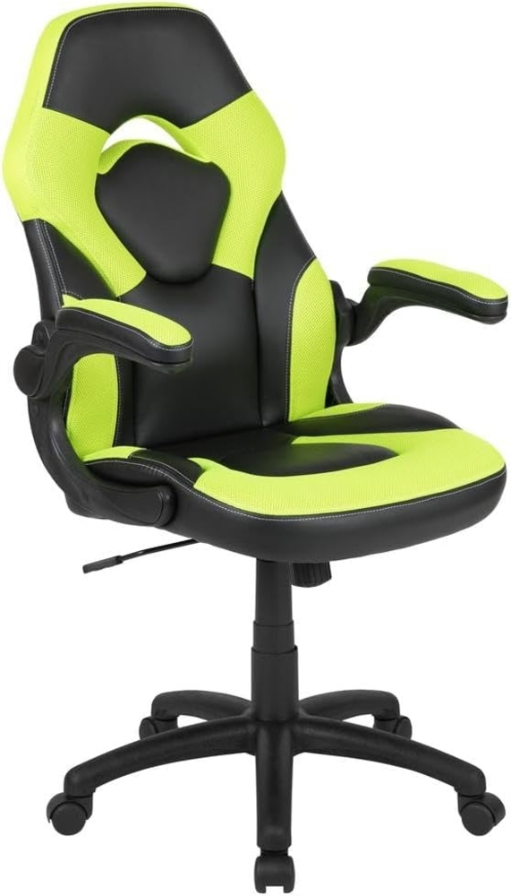 Flash Furniture X10 Gaming-Stuhl, Rennsport-Design, Bürostuhl, ergonomischer PC-Drehstuhl, verstellbar, mit hochklappbaren Armlehnen, Neongrün/Schwarz, LeatherSoft, Polyurethan Bild 1