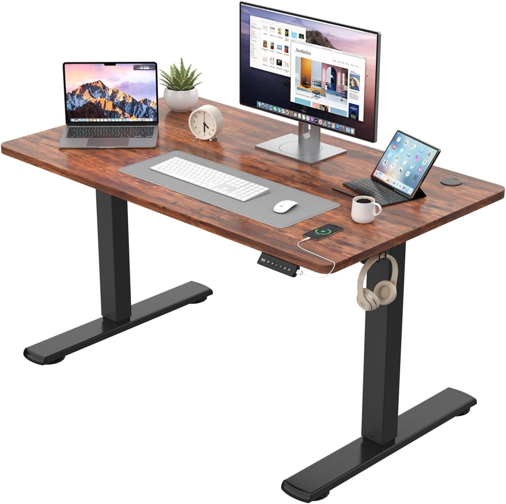 JUMMICO Höhenverstellbarer Schreibtisch KOMPLETTE TISCHPLATTE Elektrischer Schreibtisch Höhenverstellbar mit Memory-Funktion Steh-Sitz Tisch Computertisch 110x53 cm Braun Bild 1