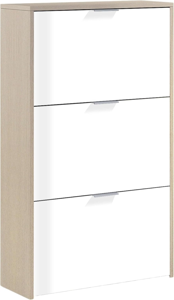 Habitdesign Schuhregal 3 Türen, schmales Schuhregal, aus glänzendem Weiß und kanadischer Eiche, Maße: 60 cm (Breite) x 113 cm (Höhe) x 22 cm (Tiefe) Bild 1