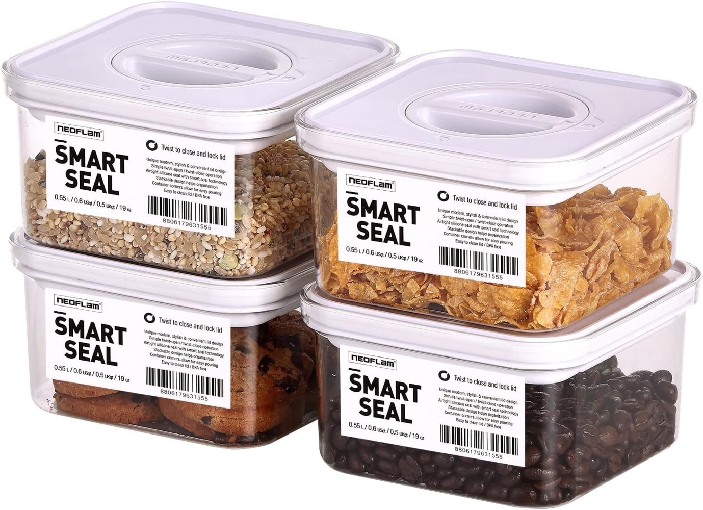 NEOFLAM® Vorratsdose Smart Seal Vorratsbehälter Set 4tlg. - Gr. 4x S - Weiß, Kunststoff (AS & PP), Silikon, (4-tlg) Bild 1