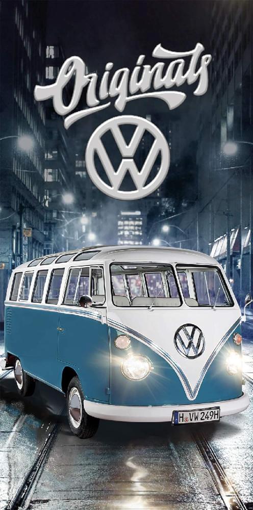 Volkswagen Badetuch VW Bulli Cut Blau Grün 75 x 150 cm 100% Baumwolle in Veloursqualität Camper-Van Bus T1 Strandlaken Strandtuch Handtuch Badelaken Duschtuch Saunatuch Long Beach Retro Motiv 026 Bild 1