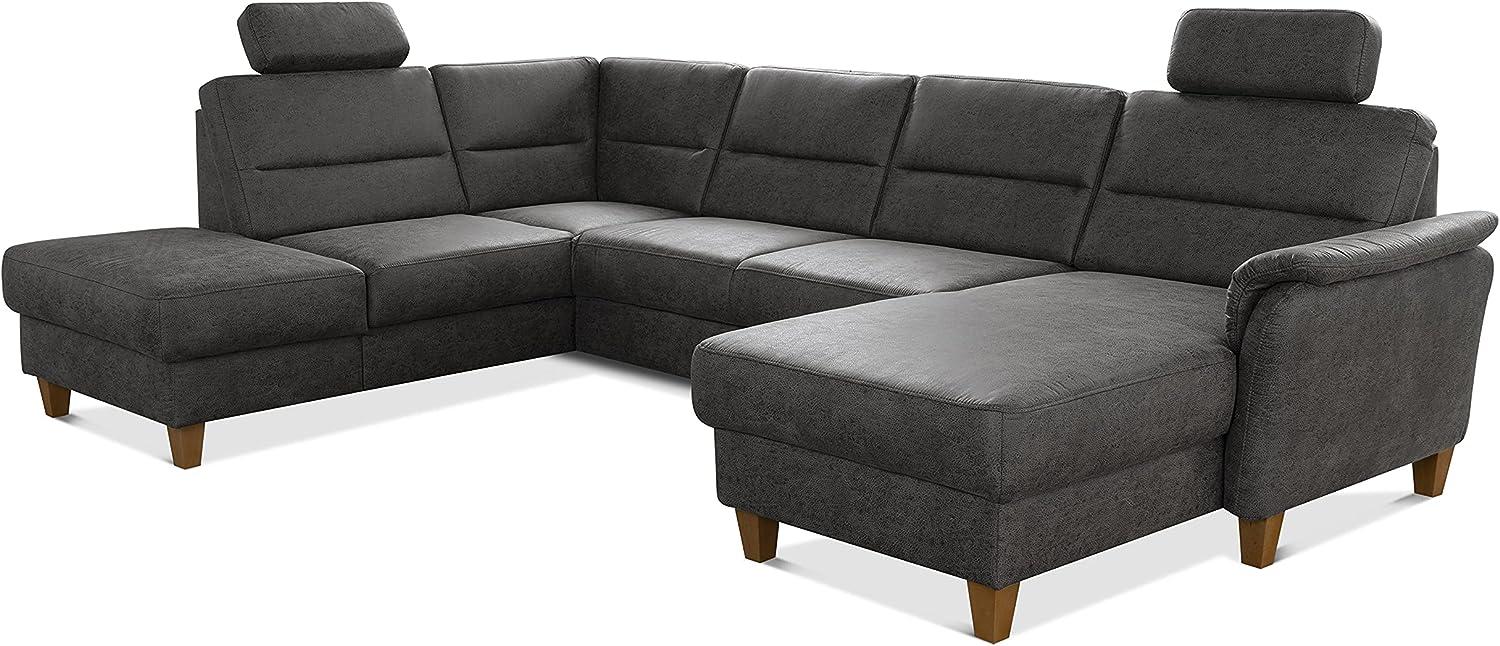 CAVADORE U-Form-Sofa Palera / Federkern-Wohnlandschaft mit 2 Kopfstützen / 314 x 89 x 212 / Mikrofaser in Lederoptik, Dunkelgrau Bild 1