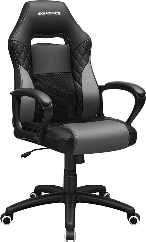 Gamingstuhl, Bürostuhl mit Wippfunktion, Racing Chair, ergonomisch, S-förmige Rückenlehne, gut für die Lendenwirbelsäule, bis 150 kg belastbar, Kunstleder, Schwarz-grau Bild 1