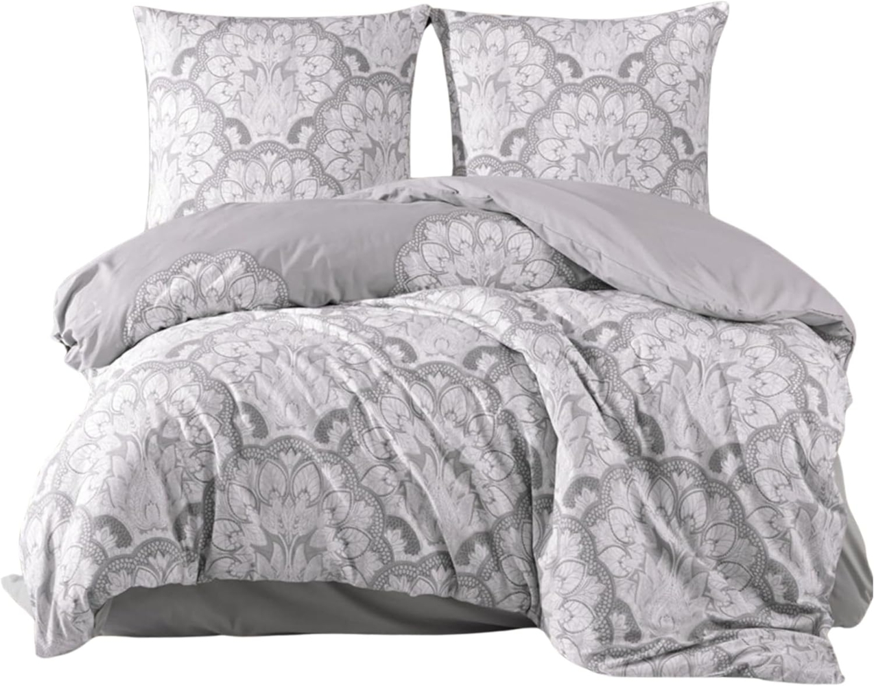 yadetextil Bettwäsche Baumwolle Bettbezug Grau Barockstill weiß geblümt, Renforce, 3 teilig, Bettwäsche-Set 200x220 cm Baumwolle Barockstill grau,weiß geblümt. Bild 1