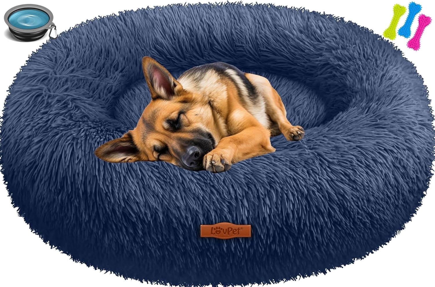 LOVPET® Hundebett Hundekissen Katzenbett Bagel, Waschbar, Inkl. Napf + 3x Kauknochen, Hundesofa flauschig Kissen Rund aus Plüsch für Kleine, Mittelgroße & Große Hunde, Katzen Navyblau, 3XL (100 x 100 cm) Bild 1