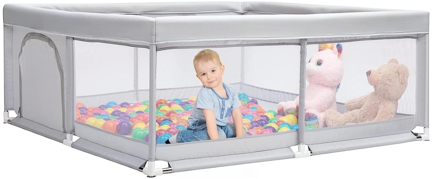 BEJOY Laufstall Baby Laufgitter 150 cm, Kompakt und Stark, Schaumstoffschutz, Rutschfester mit Transparentem, Atmungsaktivem Netz, Reißverschluss für Babys und Kleinkinder, Indoor & Outdoor Bild 1