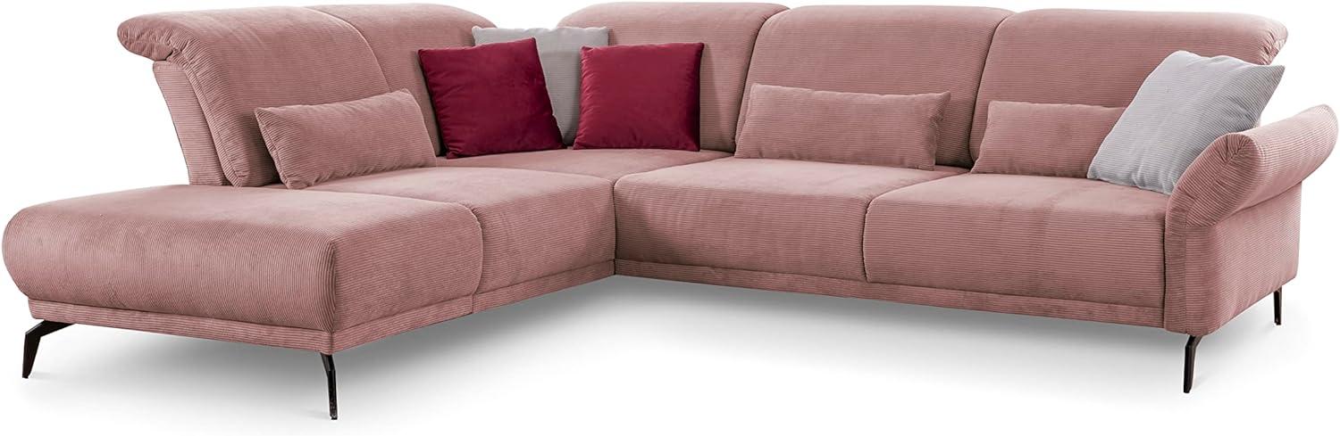 CAVADORE Ecksofa Cooper / Luftige Eckcouch mit Ottomane links, schwarzen Metallfüßen und feinem Cord-Bezug / 294 x 88 x 242 / Cord, Rosa Bild 1