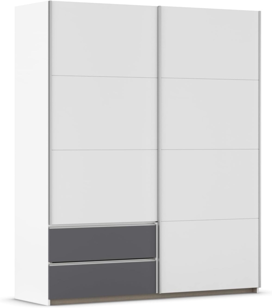 Rauch Möbel Stoke, Schwebetürenschrank, Garderobe, 2-türig, 2 Schubladen, Zubehör Premium, 4 Einlegeböden und Türdämpfer, Farbe Weiß/Grau metallic, Schwarz, Griffleisten Alufarben, 175 x 210 x 59 cm Bild 1