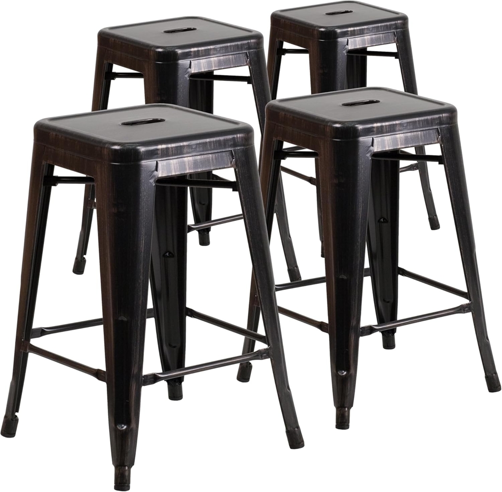 Flash Furniture Bunter Hocker aus Metall für Restaurants, Verzinkter Stahl, Kunststoff, Schwarz-antik-Gold, 4 Pack Bild 1