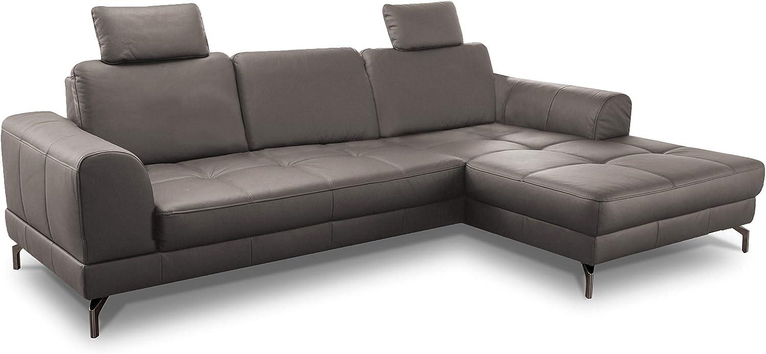 CAVADORE Ledergarnitur Benda / Großes Ecksofa mit XL-Longchair rechts & Federkern / Inkl. Sitztiefenverstellung & Kopfstützen / 284 x 87 x 175 / Echtleder: graubraun Bild 1