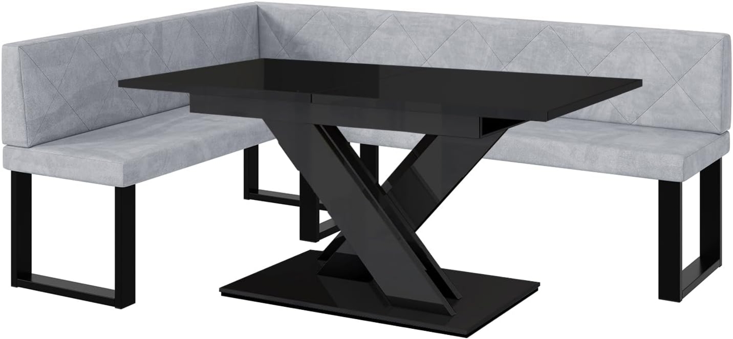 MEBLINI Eckbank für Esszimmer mit ausziehbarem Tisch - Küchenbank - Essecke - Sitzecke Küche - ERIC - U-Beine 142 x 196 x 87 cm Links - Hellgrau Samt/B Schwarz Hochgl. Bild 1