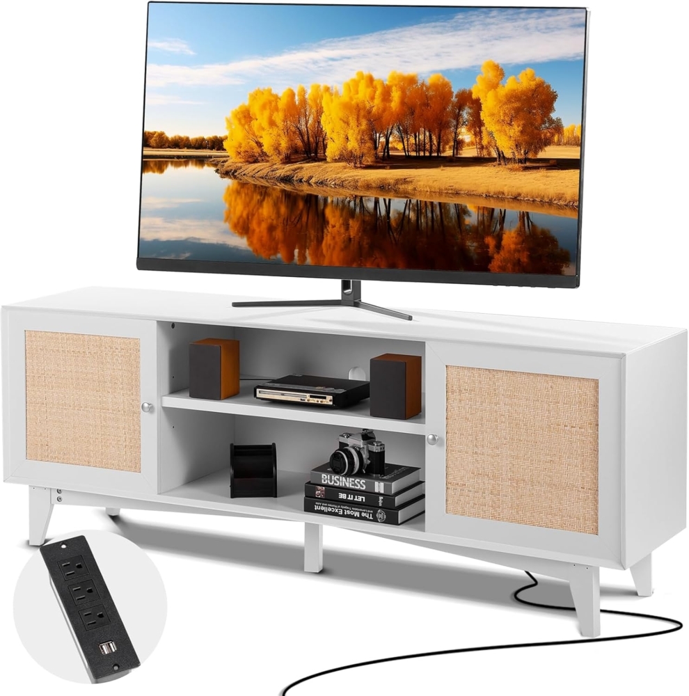 VEVOR Rattan-TV-Ständer 191cm Fernseher Boho-TV-Schrank Weiß Fernsehschrank Bild 1