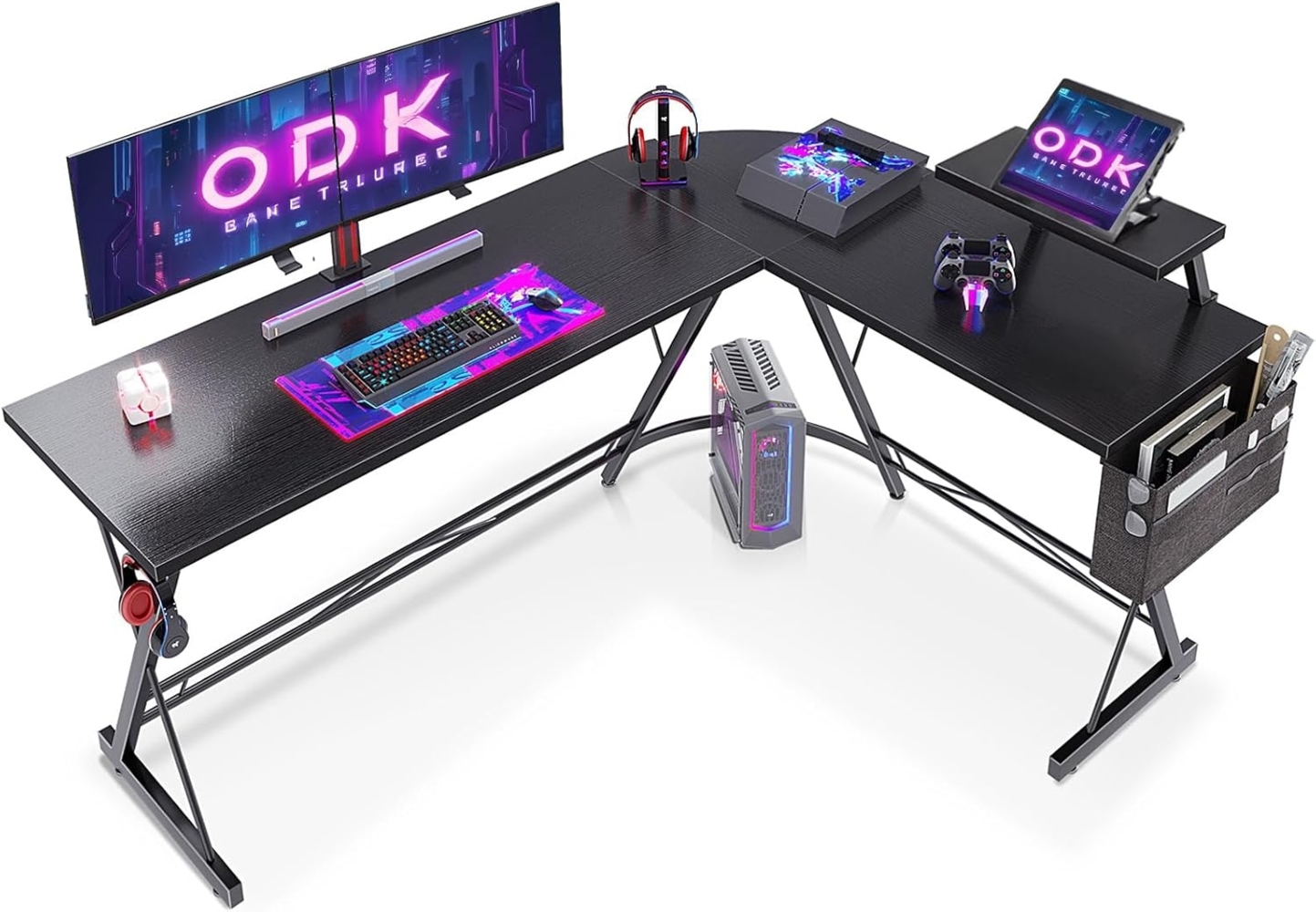 ODK Gaming Tische, 167x120 cm Computertisch, Schreibtisch L Form mit runder Ecke, Eckschreibtisch mit Monitorablage, Schwarz Bild 1