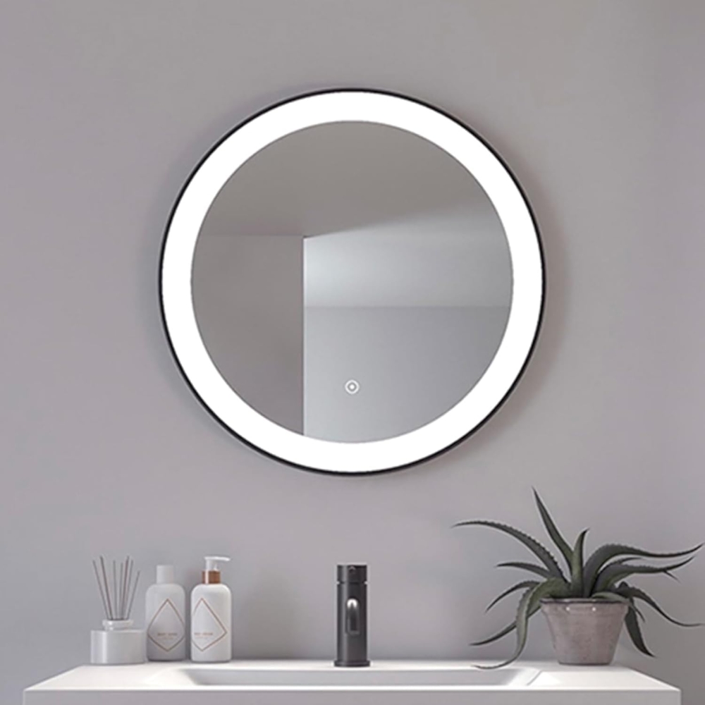 Loevschall Libra Modernes Badspiegel mit Beleuchtung, Spiegel Rund 60 cm, Smart Mirror mit Touch-Schalter, Schwarzer Rahmen, Badezimmer Spiegel mit 5 cm LED Lichtfield, Helligkeit Dimmbar, CRI > 90 Bild 1