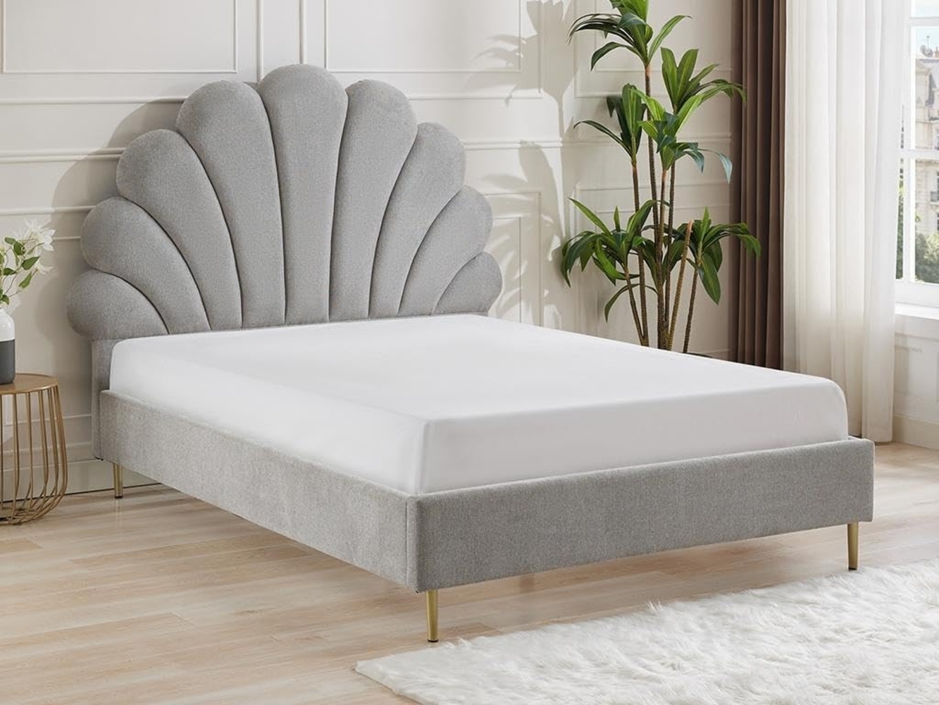 Vente-unique - Bett mit Kopfteil in Muschelform - 140 x 190 cm - Stoff- Hellgrau - LIVAYA Bild 1