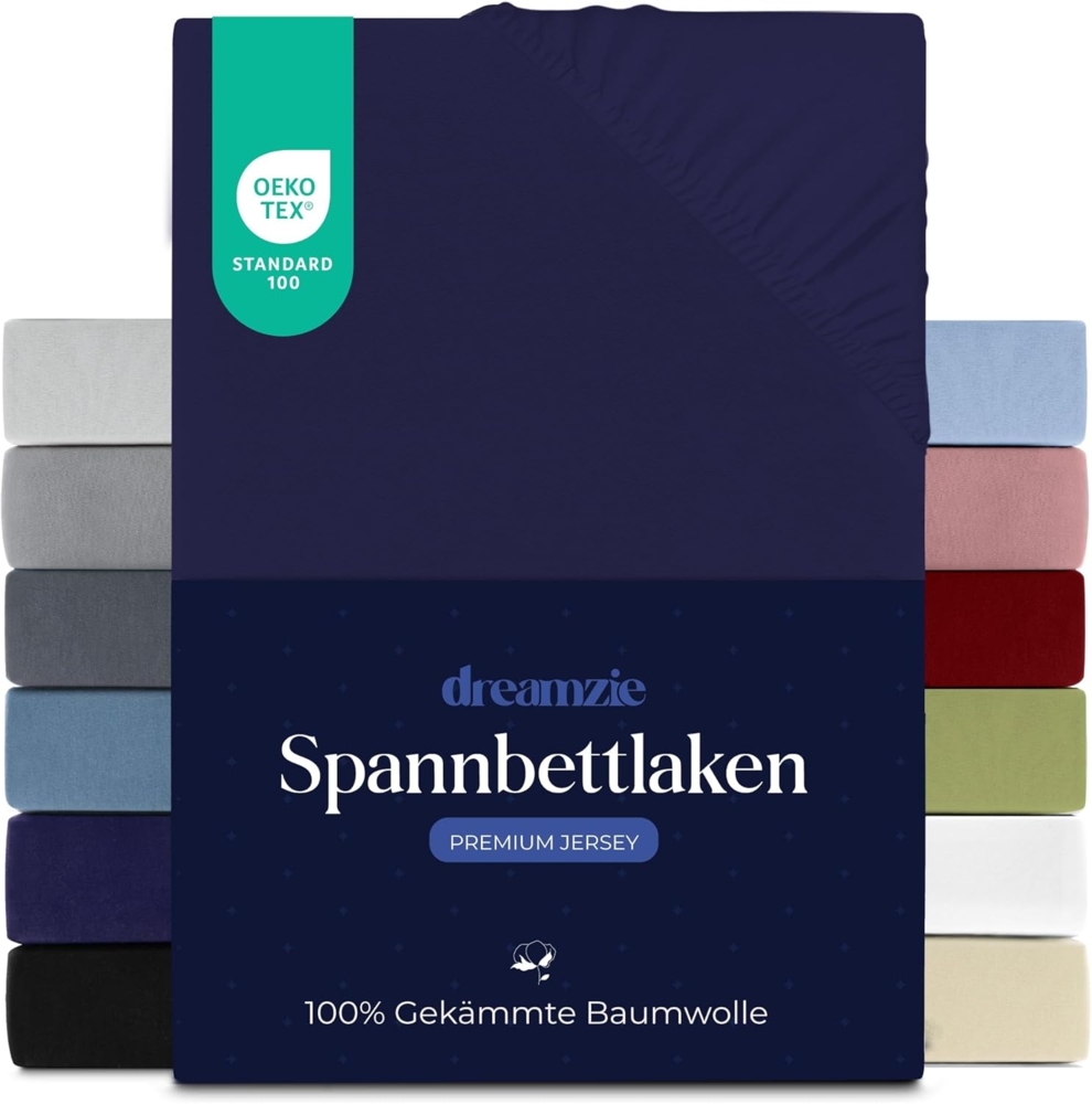 Dreamzie Premium Spannbettlaken 180x200 cm, Spannbetttuch für Dicke Matratzen bis zu 27 cm, Bettlaken 100% Jersey Baumwolle, 150 g/m², Oeko-TEX zertifiziert - Dunkelblau Bild 1