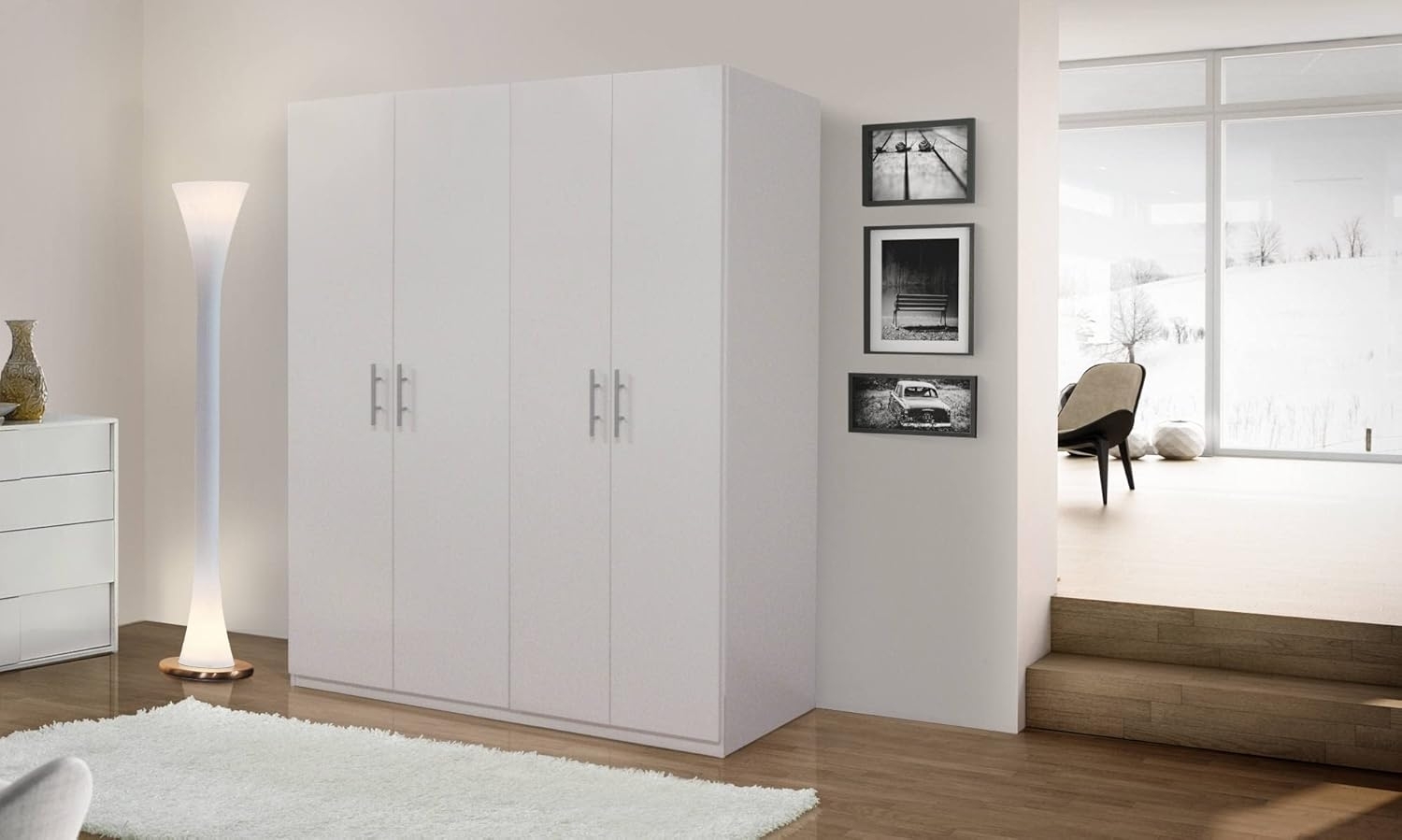 Dmora - Kleiderschrank mit 4 Flügeltüren, weiß matt, mit Kleiderstange, Maße 181 x 202 x 53 cm Bild 1