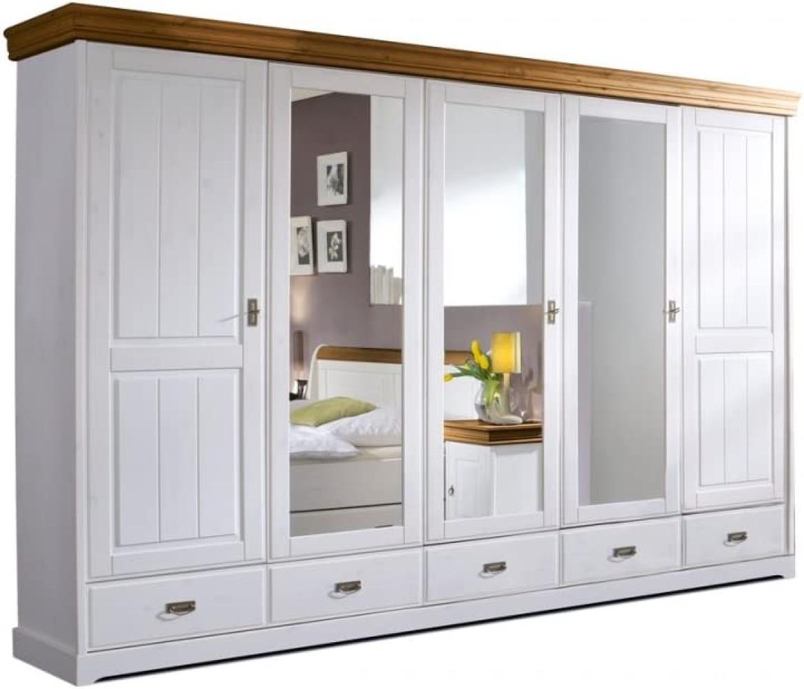 Möbel-Eins ROMAN Kleiderschrank / Drehtürenschrank teilmontiert, Material Massivholz, Kiefer weiss/honig 5-türig Bild 1