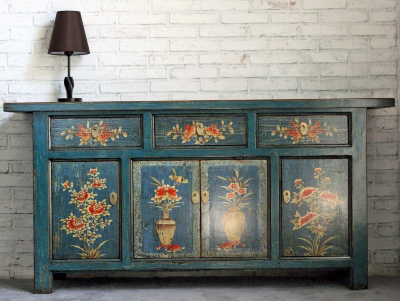 Vintage Sideboard Blau Orange Kommode chinesisch Kolonial-Stil Antik-Stil Schrank Lowboard asiatisch orientalisch Fernost shabby-chic Landhaus Bild 1