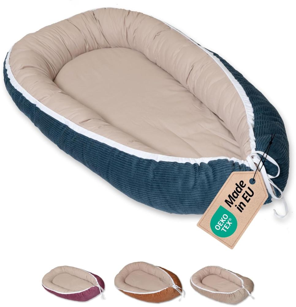 ULLENBOOM Babynest - 100% OEKO-TEX Materialien & Made in EU, Cord Petrol - Babynestchen Neugeborene aus kuscheliger Baumwolle, Ideal als Reisebett & Kuschelnest geeignet Bild 1