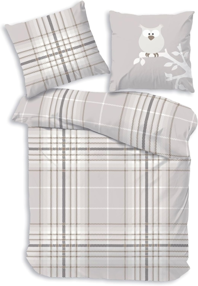 LINKHOFF Bettwäsche Bettwäsche 135x200 cm kariert mit Eule – 100% Baumwolle - Sand, Bettwäsche Eule Kinderbettwäsche kariert Bild 1