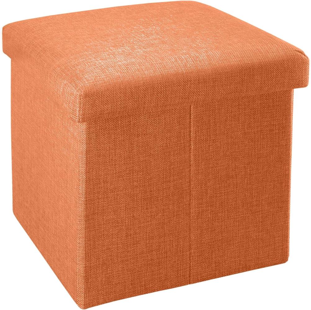 Intirilife Faltbarer Sitzhocker 38x38x38 cm in MANDARINEN ORANGE - Sitzwürfel mit Stauraum und Deckel aus Stoff in Leinen Optik - Sitzcube Fußablage Aufbewahrungsbox Truhe Sitzbank Bild 1