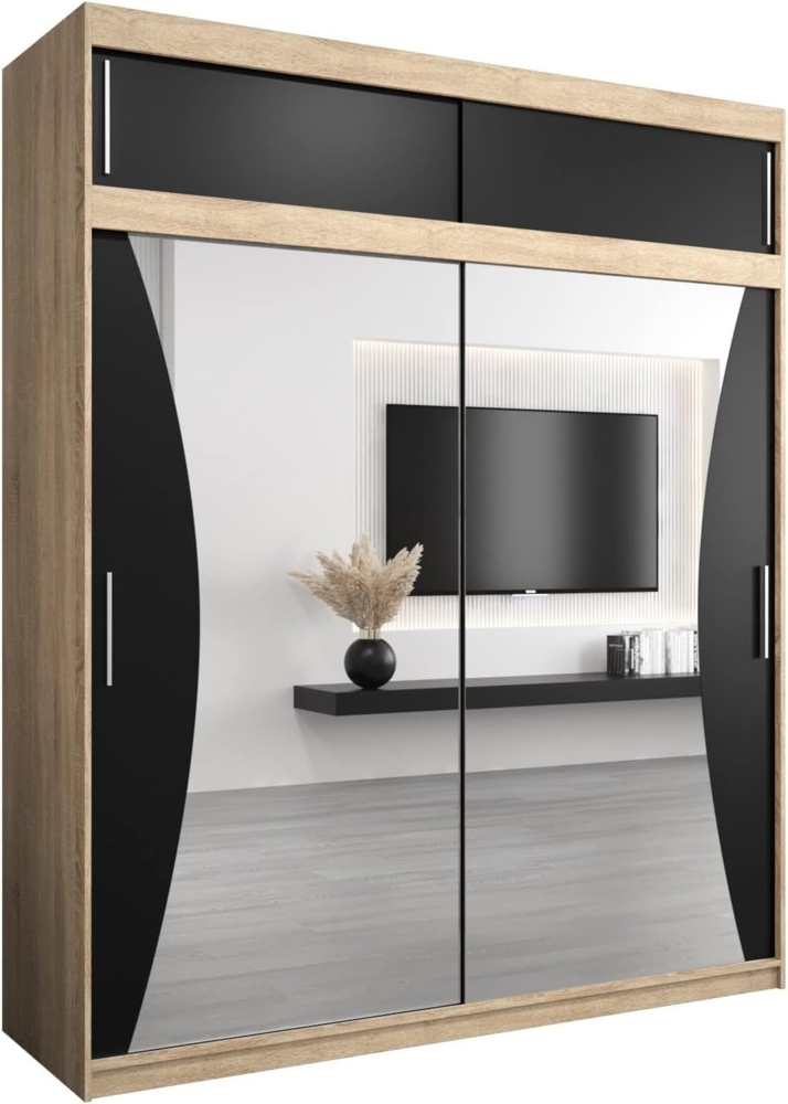 Kryspol Schwebetürenschrank Monaco 200 cm mit Spiegel Kleiderschrank mit Kleiderstange und Einlegeboden Schlafzimmer- Wohnzimmerschrank Schiebetüren Modern Design (Sonoma + Schwarz mit Erweiterung) Bild 1