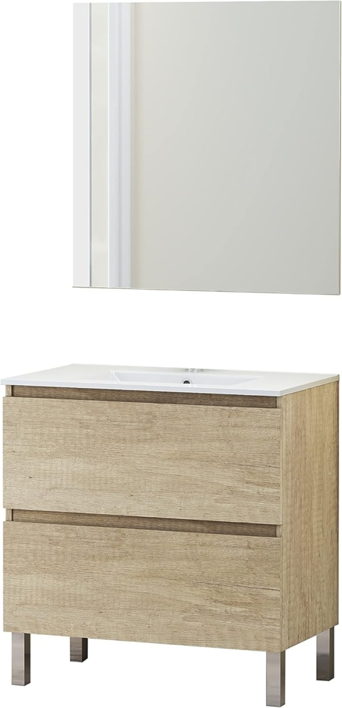 Baikal Badezimmermöbel-Set mit Waschbecken und Spiegel, mit Füßen, in verschiedenen Ausführungen, Melamin 16, Tür + Schublade, 80 cm Nature Bild 1