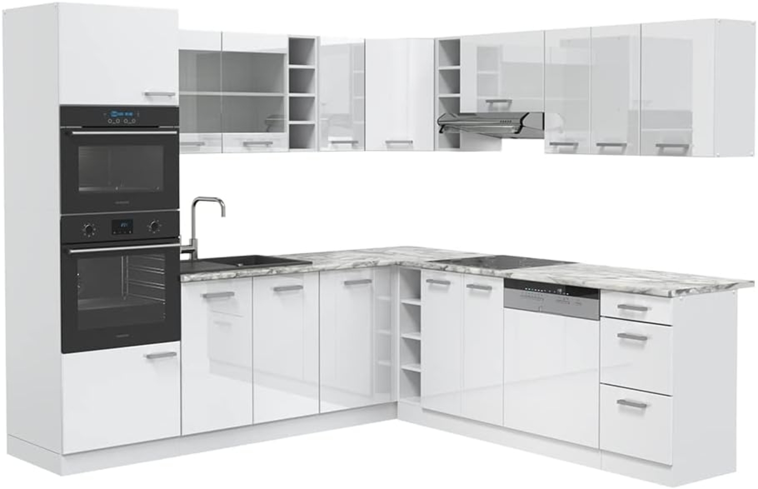 Eckküche R-Line Weiß Hochglanz/Weiß 247 x 60 cm , AP Marmor Vicco Bild 1