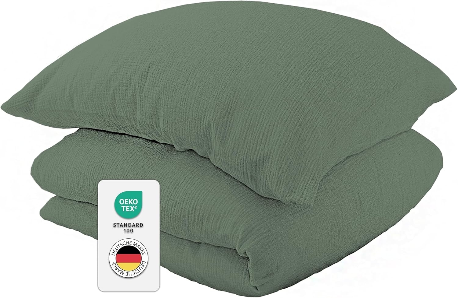 jilda-tex Bio-Bettwäsche Musselin Medina 100% Bio-Baumwolle Knitterlook Bügelfrei Uni Made in Green (Grün, 135x200 + 80x80 cm) Bild 1