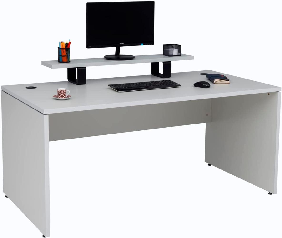 furni24 Schreibtisch fürs Arbeitszimmer und Home Office - Großer laminierter Computertisch aus Holz, 2 Kabeldurchlässe, Bodengleiter (Grau, inkl. Monitorständer, 180 x 80 x 75 cm) Bild 1